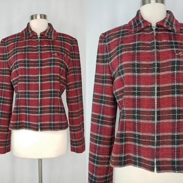 Vintage 90s Andrea Jovine Red Plaid Wool Blend Zip Up - Nineties Size 8 Short Plaid Jacket 