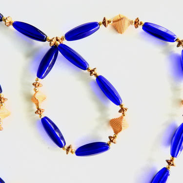 Egyptian Revival Blue Glass and Gold Tone Necklace 