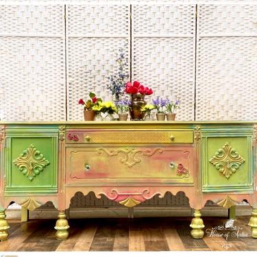 Pastel Vintage Jacobean Sideboard Buffet. Antique Credenza Server. Painted Refinished Dining Room Cabinet. Farmhouse Entryway Media Console 