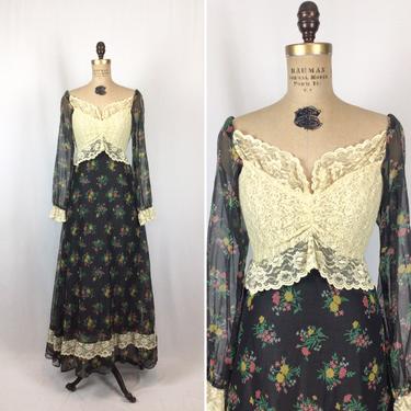 Vintage 70s dress | Vintage black floral cream lace prairie dress | 1969 1970 black label Gunne Sax by Jessica dress 