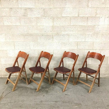 LOCAL PICKUP ONLY Vintage Wood Folding Chairs Retro 1960's Acme Chair Company Set of 4 Brown Card Chairs Burgundy Vinyl Seats Fold Up Frames 