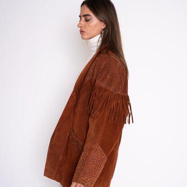 70’s vintage Fringe Jacket, vintage leather fringe jacket, giraffe print coat, suede leather fringed coat, oversized 90s jacket 