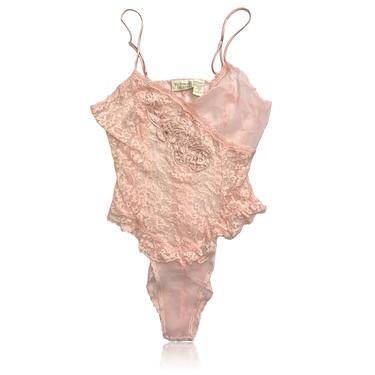 90s Pink Lace Transparent Teddy // Bodysuit // Size Medium 