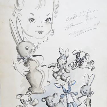 Antique 1940's Original Art, Sylvia Baird Vintage Advertisement Illustration Design Painting, Vintage Retro Baby with Stuffed  Bear, Bunny 