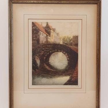 Mid Century Artist Signed Etching European Canal Scene Man on Bridge Waterscape 13x16 