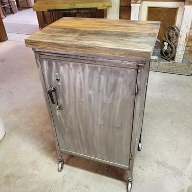 Beautiful Reclaimed Metal Rolling Garage Cart with Submerged Lumber Top and Shelves 39