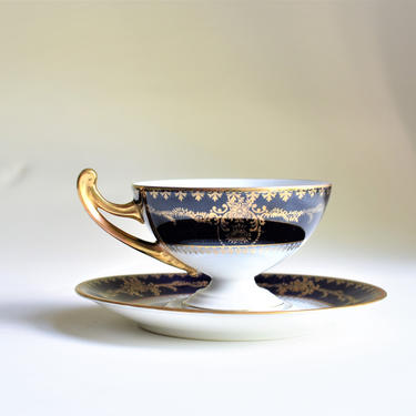 Set of 6 Antique Teacups 5oz w/ Saucers Epiag Royal China | 5.75&amp;quot; Bone China in Navy + Gold | Handled Pedestal Czechoslovakian Tea cups 