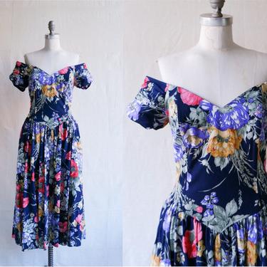 Vintage 80s Off The Shoulder Floral Dress/ 1980s Romantic Dark Floral Full Skirt/ Size Medium 