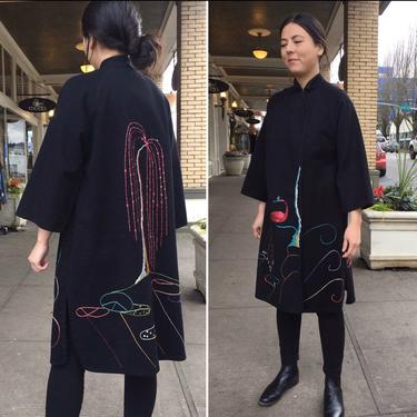 Rare Embroidered Cheongasm jacket~ Black Wool coat/tunic~ colorful hand done Peacock &amp; Weeping willow scene~ made in France~ era 40’s-50’s 