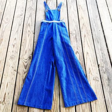 Vintage 70s Sears Jr Bazaar Blue Denim Tan Stitch Woven Waist Plaid Lined Bib Bell Bottom Jean Overalls S 