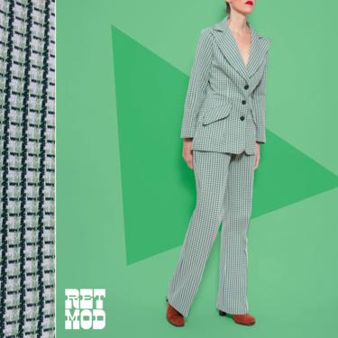 Chic Vintage 70s Green Plaid Grid Style Pants Suit 