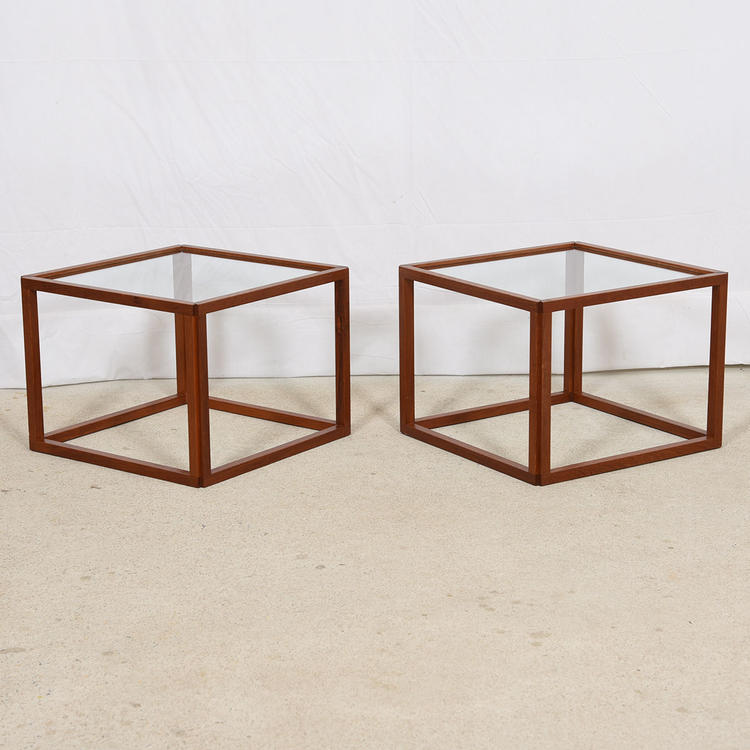 Pair of Danish Modern Teak Frame Glass Top Accent / Side Tables