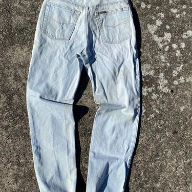 80s 90s distressed faded blue jeans~ vintage bleached out denim~ high waisted~ unisex~ size 32” waist long 