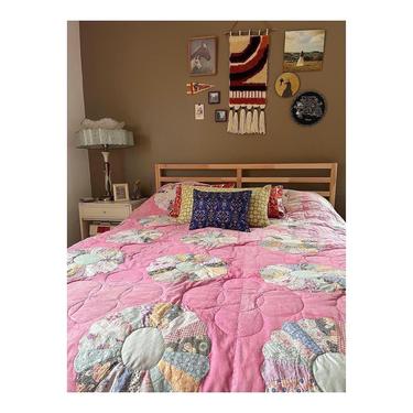 1960s Handmade Pink Floral Patchwork Quilt (86 x 86 inches) 