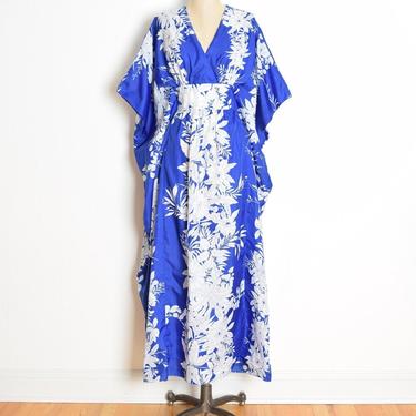 vintage caftan dress Hilo Hattie blue white Hawaiian print floral maxi tropical clothing Aloha 