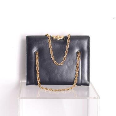 Vintage 1960s Bag / 60s Leather Chain Strap Bag / Navy Blue 