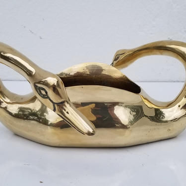 1970's Vintage Double Swan Sculptural Brass Planter . 