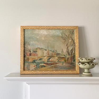 Vintage Paris Oil Painting Seine River Scene Rustic French Art 