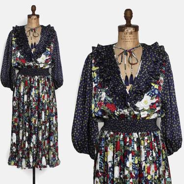 Vintage 80s Diane Freis Style DRESS / 1980s Micro Pleated Mixed Print Midi Ruffle Dress by luckyvintageseattle
