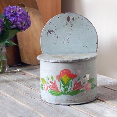 Antique painted metal salt box / folk art salt box with glass lining / floral salt cellar / vintage salt holder / rustic metal container 