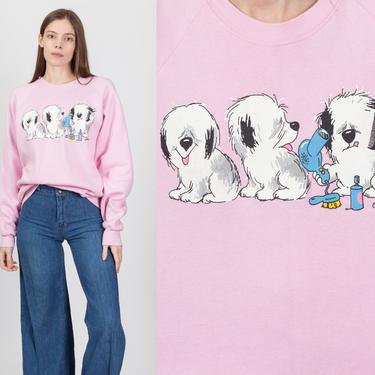 80s Jim Benton Cartoon Dog Grooming Sweatshirt - Men's Large, Women's XL | Vintage Pink Raglan Sleeve Funny Graphic Animal Pullover 