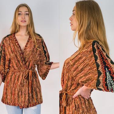 Vintage 70s Neiman Marcus Earthtone Acrylic Knit Belted Laced Cardigan w/ Multi Pipe Trim Design | 100% Acrylic | 1970s Designer Sweater 