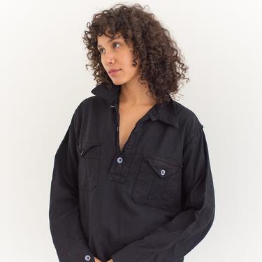 Vintage Black Denim Popover Shirt | Metal Buttons | Swedish Military Cotton Workwear Chore Utility Pullover Sailor  | M | 