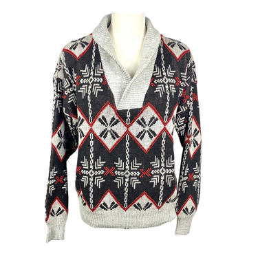 80's Vintage Southwestern Sweater Oversized Sweater Pullover Repage Black Gray Red Ribbed Collar Hem Cuffs, Fairisle snowflake Sweater 
