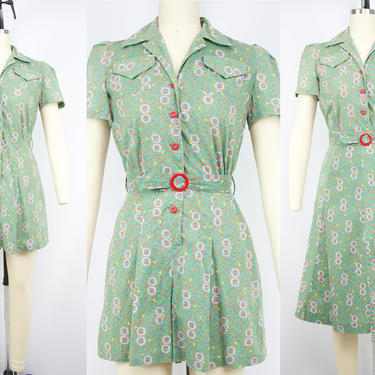 Vintage 40's Sage Green Playsuit Set / 1940's Skirt and Playsuit / Pockets / Cotton Dress Set / Women's Size XS/Small by Ru