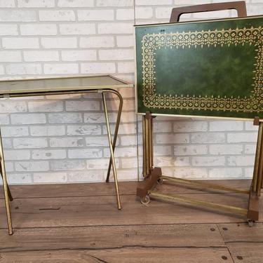 LaVada Green Leather Gold Filigree TV Tray Space Saver Set with Rolling Storage Rack 