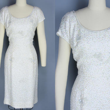 1950s SEQUINED Dress | Vintage 50s 60s White Cocktail Dress with Iridescent Sequins and Beading | medium 