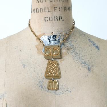 vintage 1970s articulated owl necklace • gold tone oversized modernist novelty necklace 