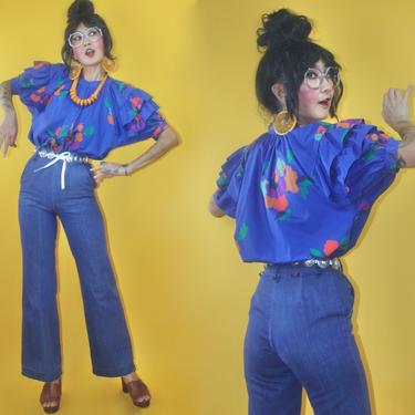 Vintage 1980s Liz Claiborne Abstract Floral Print Extreme Puff Ruffle Sleeve Cotton Blouse/SZ S M/80s 1990s 90s Avant Garde Deep Purple Ball 
