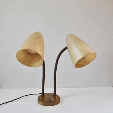 Mid-Century Modern Double Gooseneck Desk Lamp with Fiberglass Shades 