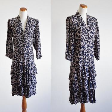 Vintage Drop Waist Dress, 80s Ruffle Dress, Collared Dolman Sleeve Dress, Tiered Skirt, Medium 