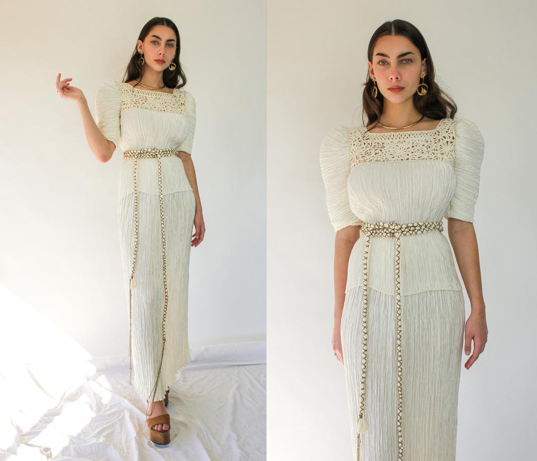 Vintage 80s Mary McFadden Couture Ivory Fortuny Pleated Belted Poof ...