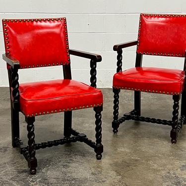 19th Century Spanish Revival Style Arm Chair With Red Vinyl & Nailhead Trim ~ Set Of 2 