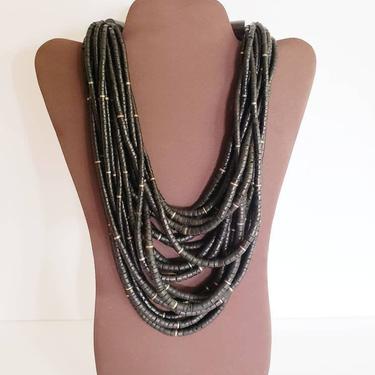 1970s Multistrand Black Bead Necklace / Chunky Statement Necklace Ceramic Beads Ebony / Boho Tribal Ethnic Marceline 