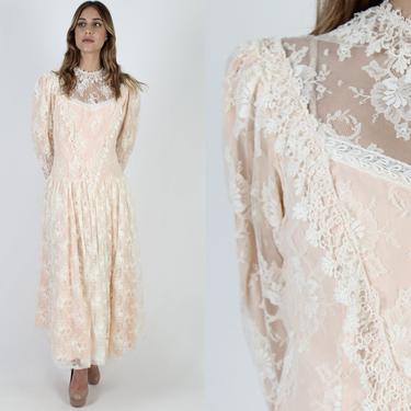 Vintage 80s Peach Floral Lace Wedding Dress / Sheer See Through Victorian Style / Deco 1980s Flapper Womens Maxi Dress 