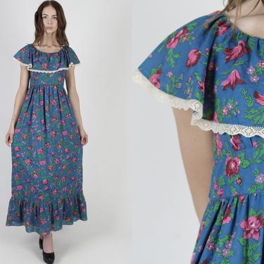Young Edwardian Dress / Blue Bright Floral Dress / Vintage 70s Prairie Ruffle Chest Tiered Dress / Designer Romantic Country Life Maxi Dress 