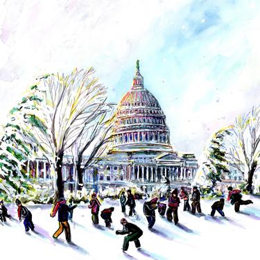 Capitol Hill Snow Ball Fight by Cris Clapp Logan - Gicleé Print 