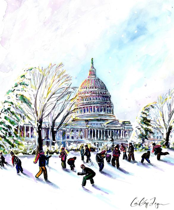 Capitol Hill Snow Ball Fight by Cris Clapp Logan - Gicleé Print 