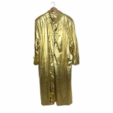 Vintage 80's Perry Ellis Gold Lame Long Trench Coat Jacket, Size 12 