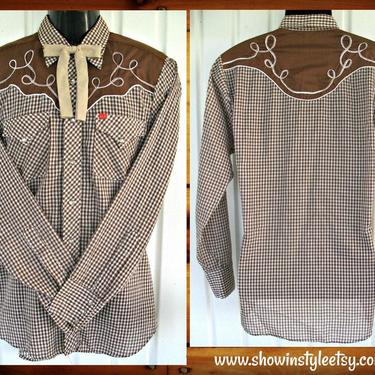 Ely Plains Vintage Western Men's Cowboy Shirt, Brown &amp; White Plaid, Embroidered Rope Designs, 16-35, Approx. Large (see meas. photo) 
