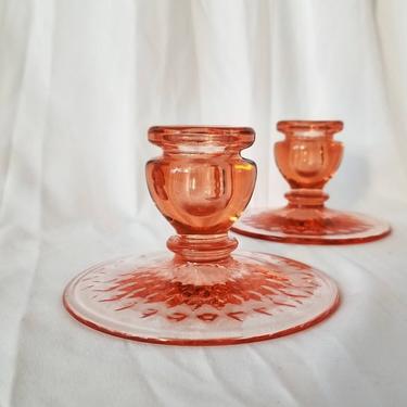 Vintage Pink Glass Candlestick Holders / Pink Depression Glass Recollection Candle Holder / Mid Century Colored Glass Taper Candle Holders 