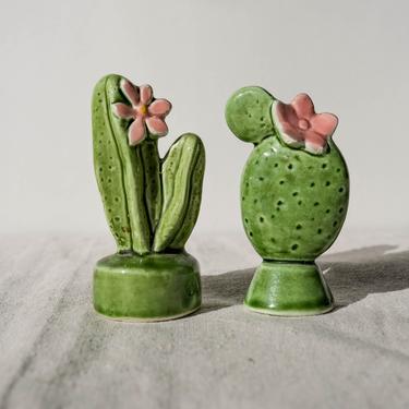 Vintage Ceramic Cactus Hand Painted Salt &amp; Pepper Shaker Set | Dinner Party, Hosting, Kitchenware, Figurine, Table Art | Bohemian Spice Set 