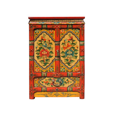 Orange Yellow Tibetan Floral End Table Nightstand Cabinet cs5754E 