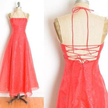 vintage 90s prom dress Y2K Zum Zum red glitter print organza lace up party XS long gown maxi clothing 