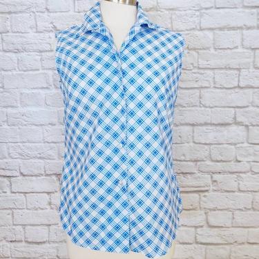 Vintage 70s Permanent Press Classic Shirt // Blue Plaid Sleeveless Button-Up 