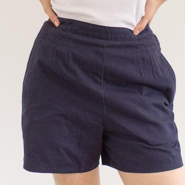 Vintage 27 Waist Pleat Navy Blue Shorts | High Rise Workwear | Side Zip | SB004 